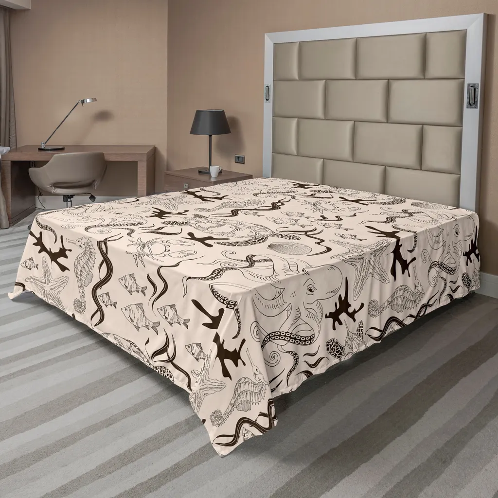 Drap de lit plat motif océan rétro 260 x 228 cm en tissu doux beige