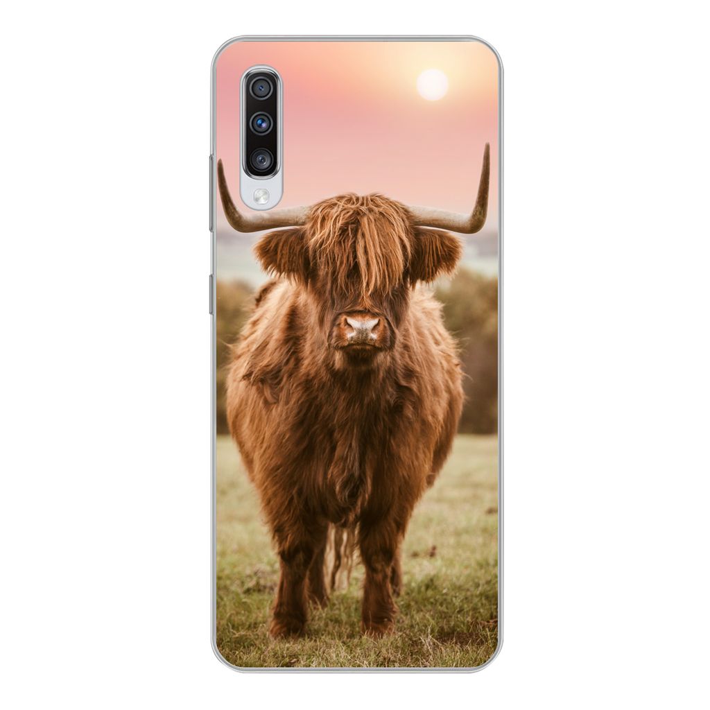 MuchoWow Handyhülle Schutzhülle Hülle für Samsung Galaxy A70 Schottischer Highlander - Sonne - Himmel Silikon Softcase Handy Hülle - Schutzh...
