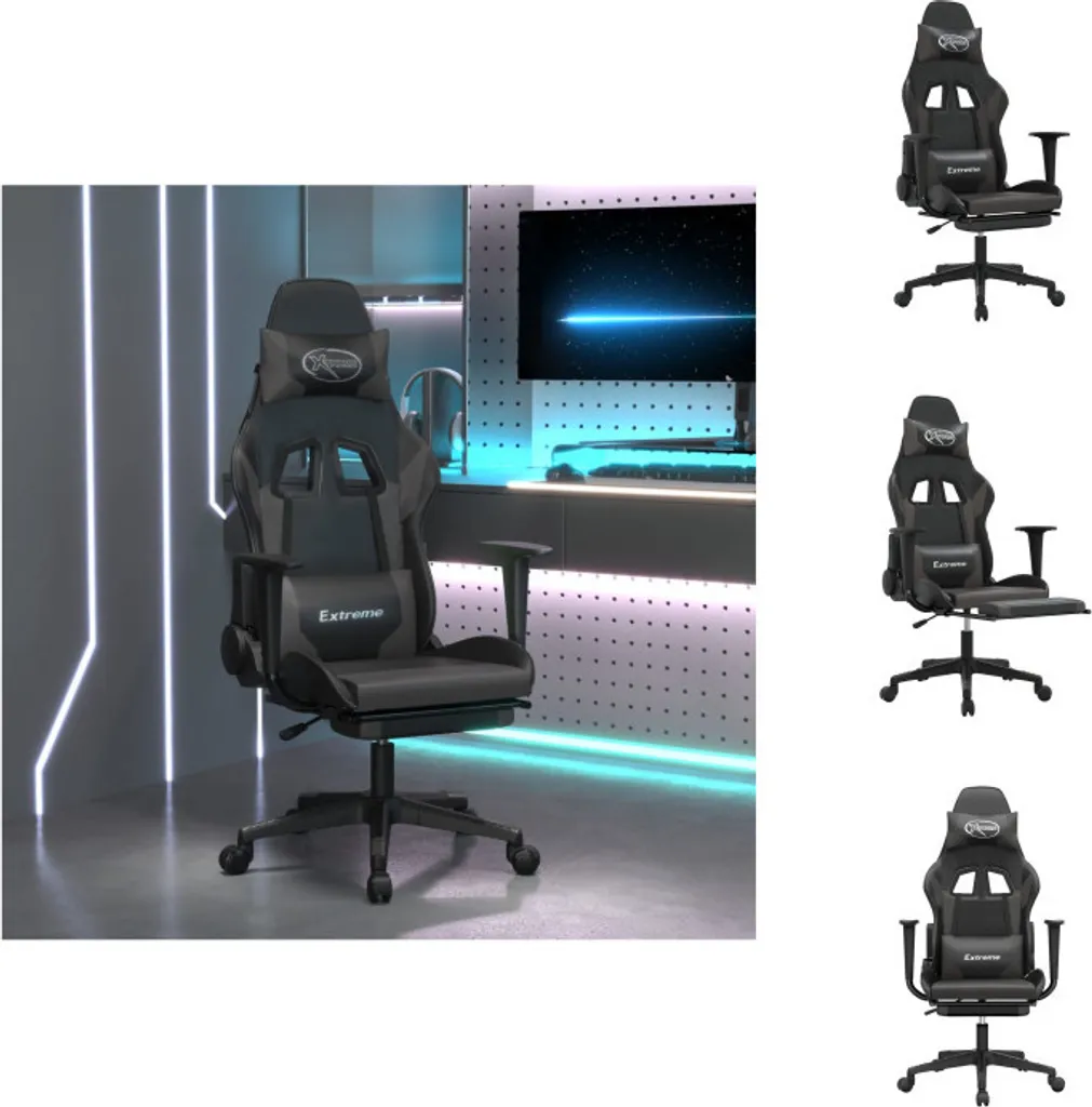 Fauteuil de jeu ergonomique massant avec repose-pieds Noir et Gris Pro