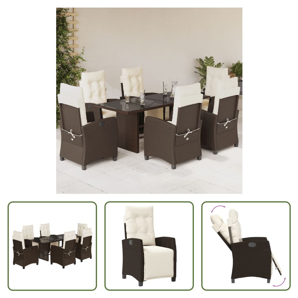 The Living Store 7-tlg. Garten-Essgruppe mit Kissen Braun Poly Rattan
