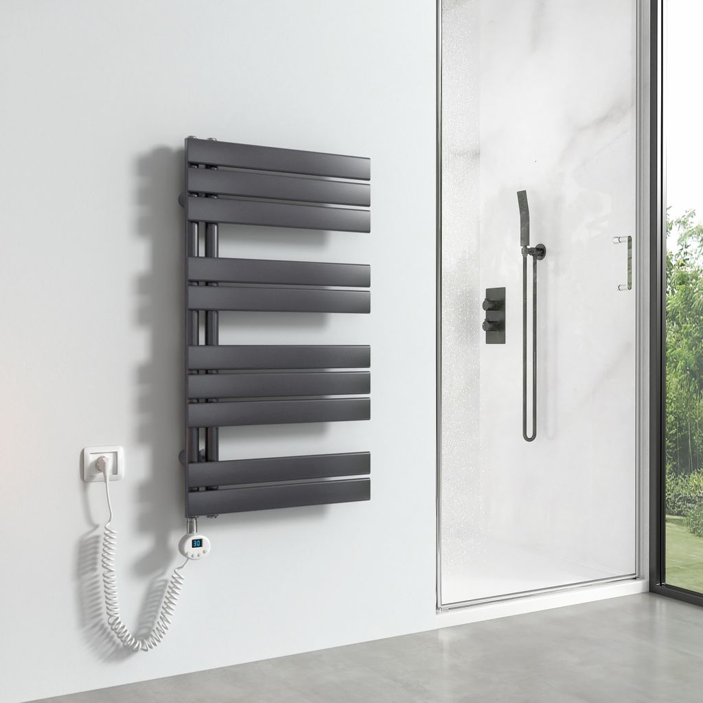 Meykoers Handtuchtrockner Elektrisch Anthrazit Heizkörper 899 x 500mm Asymmetrie Design Badheizkörper mit Timer Thermostat 400W Handtuchwärmer O...
