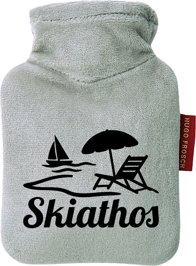 Huuraa Mini-Wärmflasche Skiathos Inselmotiv Griechenland 0,2 Liter Grey Mini Veloursbezug Taschenwärmer Geschenkidee