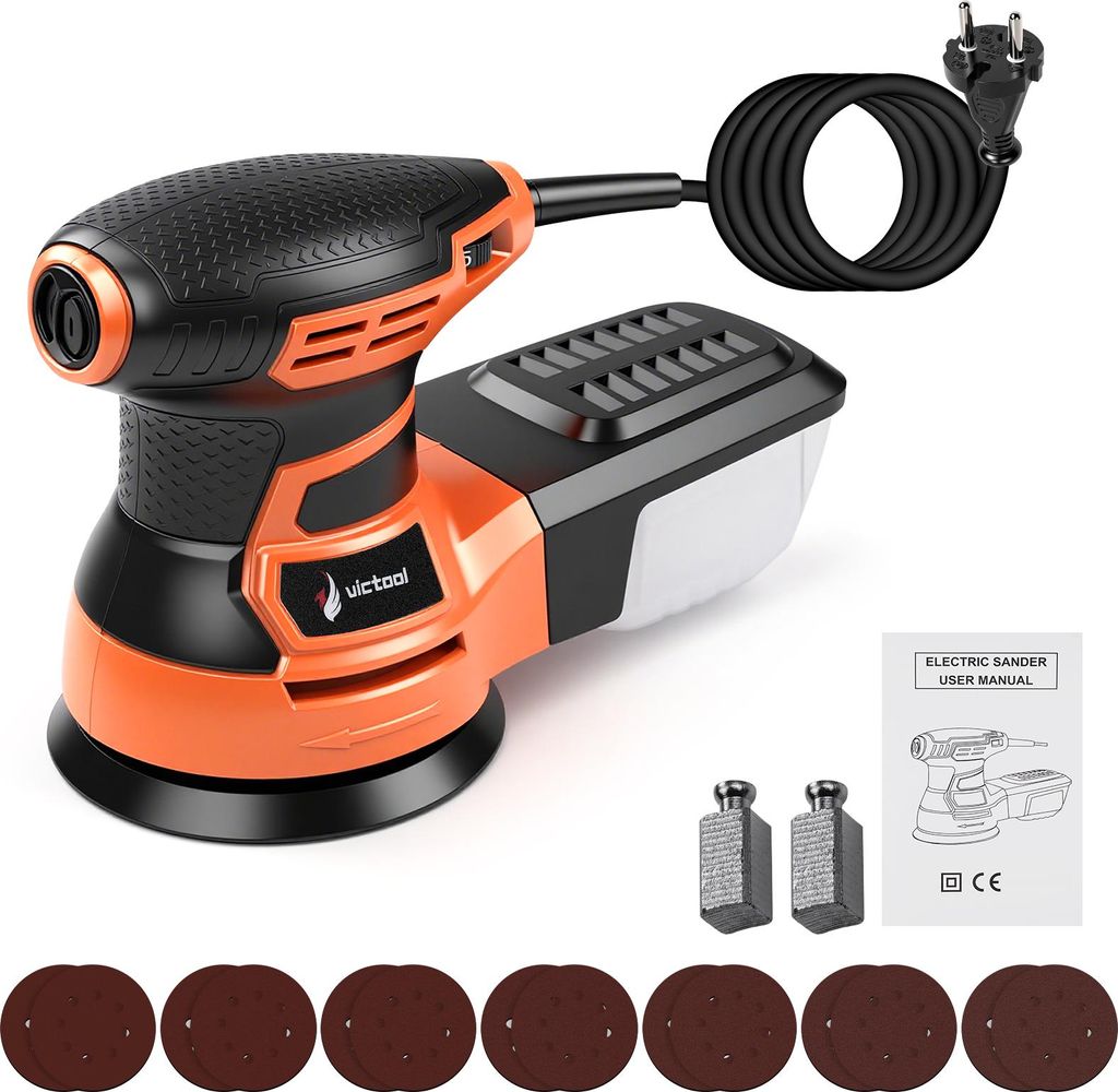 5 Zoll Exzenterschleifer JF-ES003, 350W, mit 14 Schleifblättern und Staubfangbox, EU-Stecker, Orange