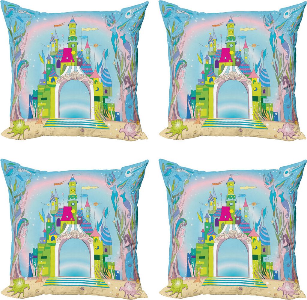 ABAKUHAUS Bunt Kissenbezug Set (4 Stück), Meerjungfrau und Fische, Moderner Doppelseitiger Digitaldruck, 60 cm x 60 cm, Mehrfarbig