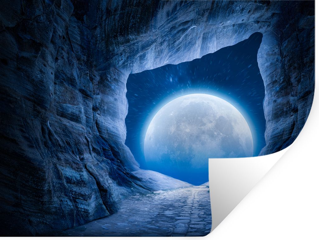 MuchoWow Wandtattoo Wandsticker Wandaufkleber Höhle - Mond - Weltraum - Universum - Blau 160x120 cm Selbstklebend und Repositionierbar - Selbstk...