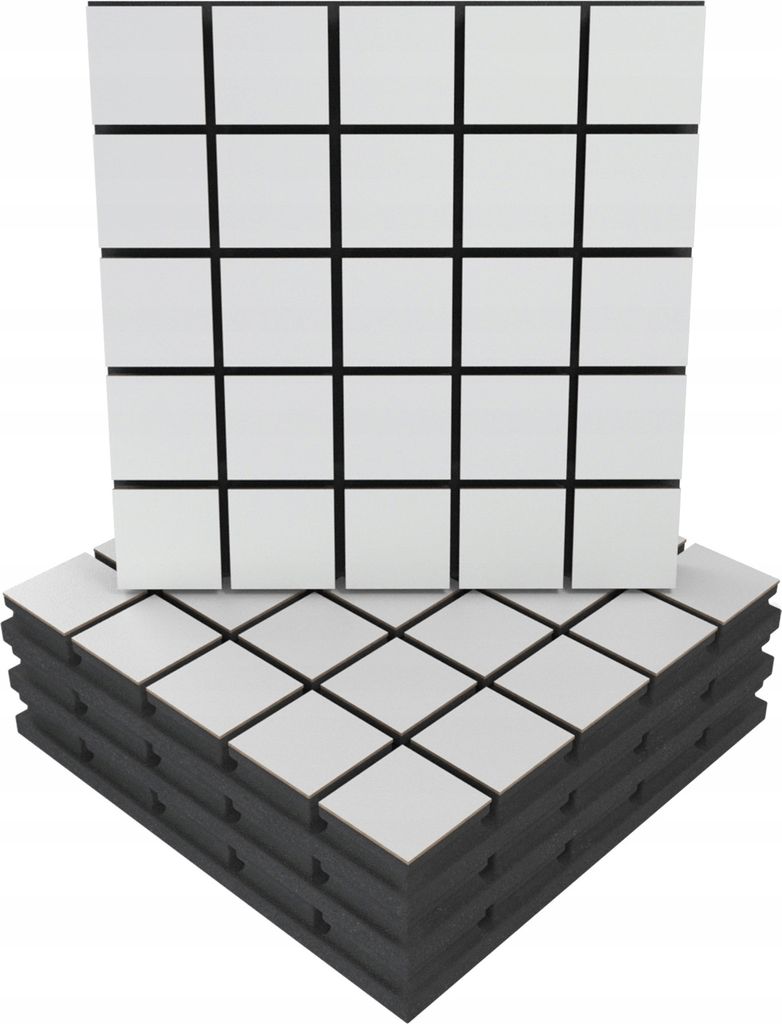 4 Stück AKUSTIK-WANDPANEELE mit Montageset | "GRID" 50x50x5cm | Absorption und Diffusion | Farbe: Weiß