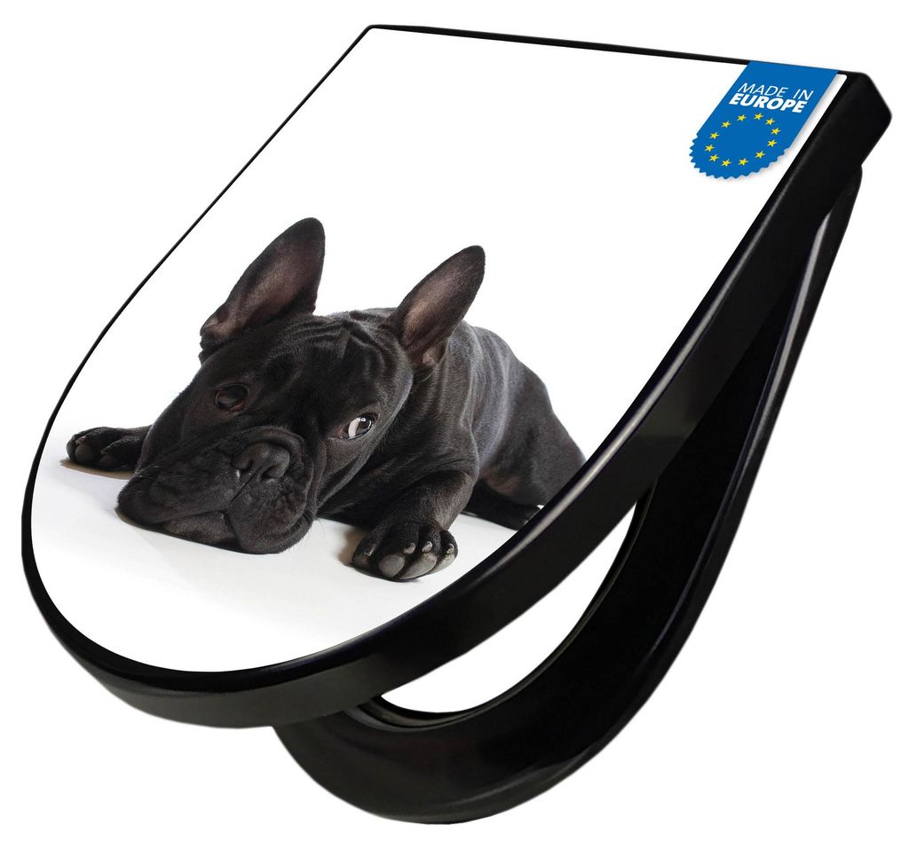 WC Sitz D-Form Schwarz mit Absenkautomatik Motiv Bulldogge Produktbild 