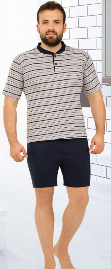 Herren Pyjama Schlafanzug Shorty Hellgrau XXL Kurzarm Produktbild 