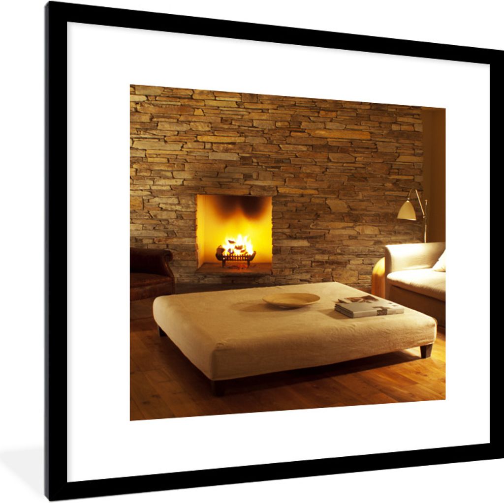 MuchoWow Gerahmtes Poster Ein Kamin in einem modernen Wohnzimmer 40x40 cm - Poster mit Schwarzem Bilderrahmen Wandposter Rahmen Foto Bilder - Pos...