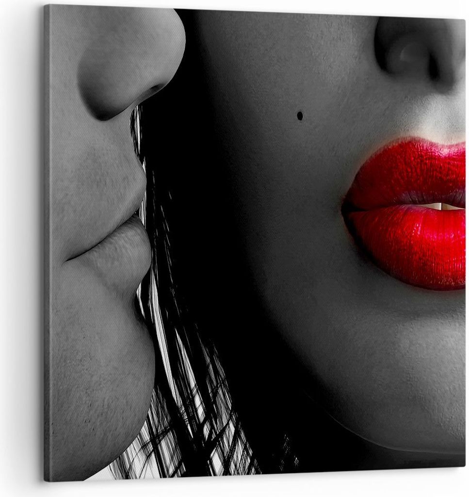 Bild auf Leinwand - Leinwandbild - Rote Lippen dunkles Haar Modell Liebe - 60x60cm - Wand Bild - Wanddeko - Leinwanddruck - Bilder - Kunstdruck - L...