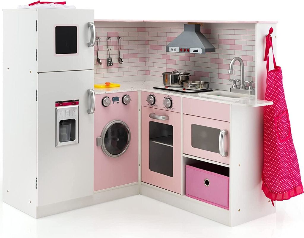 GOPLUS Kinder Eckeküche Spielset, Kinder Spielküche mit Licht & Sound, Spielzeugküche Holzküche mit Spüle, Backofen,Mikrowelle, Herd & Kochges...