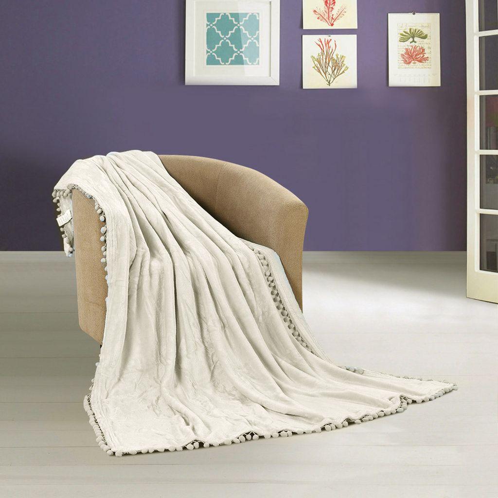 Kuscheldecke Weiß Creme Tagesdecke mit Pompoms mikrofaser sofadecke kuschelig flauschig Decke für Couch Blanket 130x180 cm
