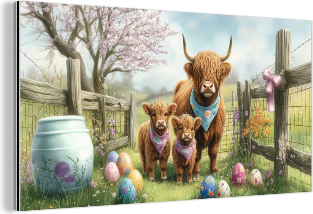 MuchoWow Wanddekoration Metall Metallbild Wandkunst 120x60 cm Schottische Hochlandrind - Ostereier - Frühling MuchoWow Aluminium Gemälde - Metalb...