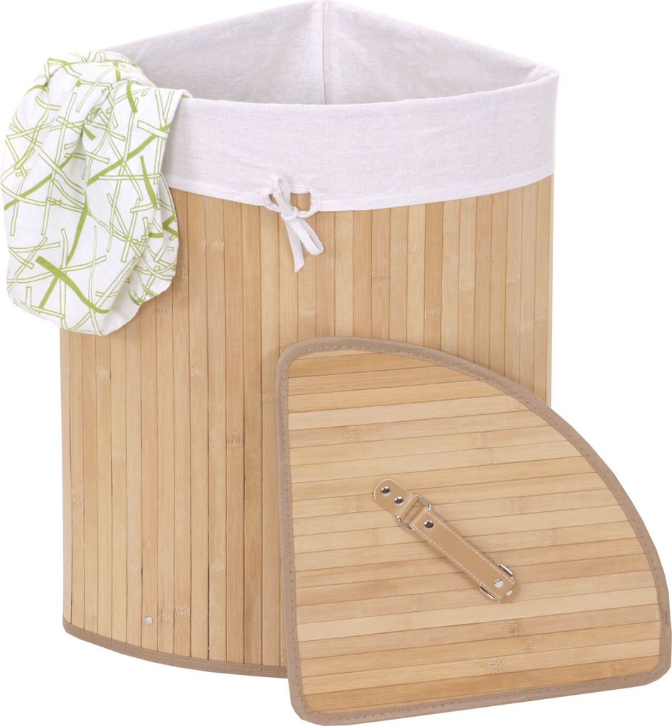 Eckwäschekorb HWC-C21, Laundry Wäschebox Wäschesammler Wäschebehälter, Bambus 61x48x35cm 50l naturfarben