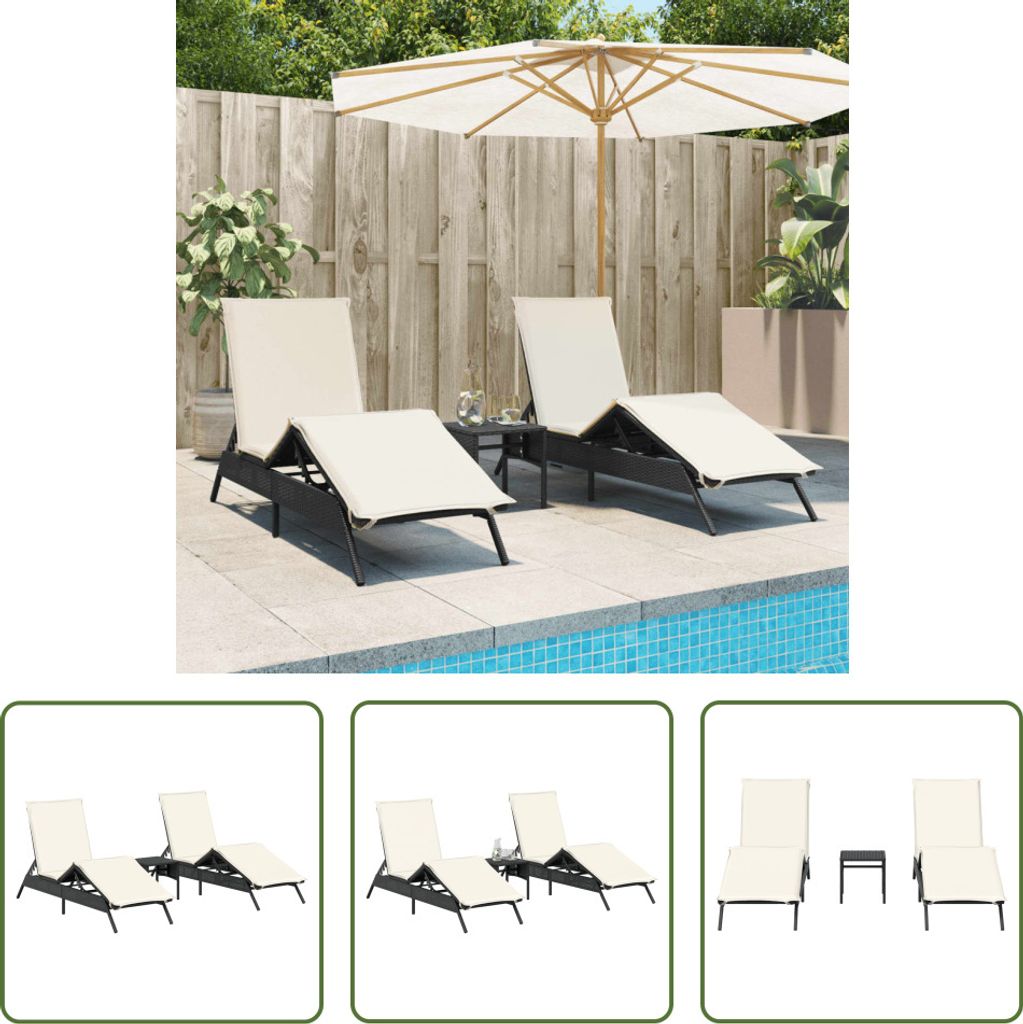 The Living Store Sonnenliegen 2 Stk. mit Tisch Schwarz Poly Rattan