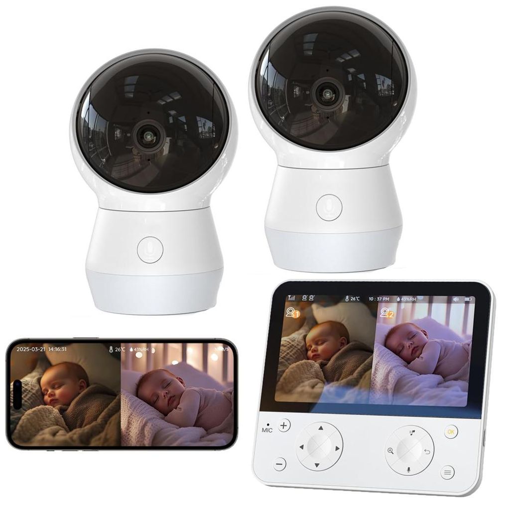 Babyphone mit 2 Kameras 5,5" Babyphone mit APP Nachtlicht KI/Weinen/Bewegungs/Geräuscherkennung Automatische Verfolgung 2,4G&5G-WLAN Bluetooth