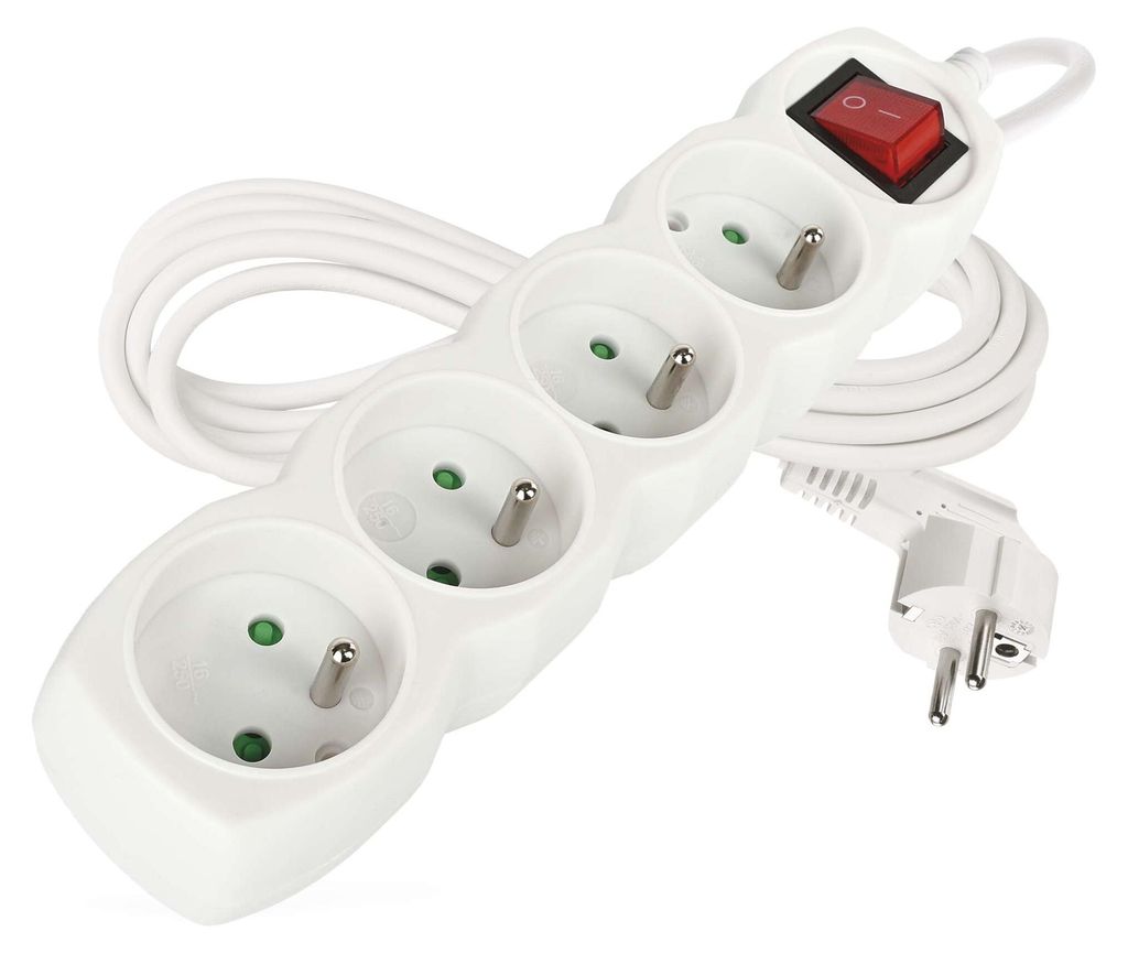 Prodlužovací kabel 3 m / 4 zásuvky / s vypínačem / bílý / PVC / 1 mm2