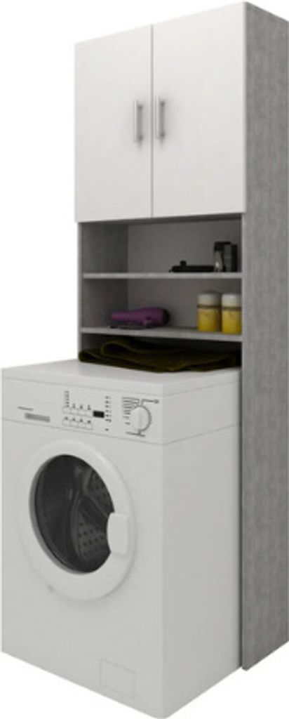 haaus Haus FYN Waschmaschinen-Wäscheschrank mit 2 Türen und 4 Regalen, Betonfarbe/Weiß, L 65 x W 27 x H 190 cm