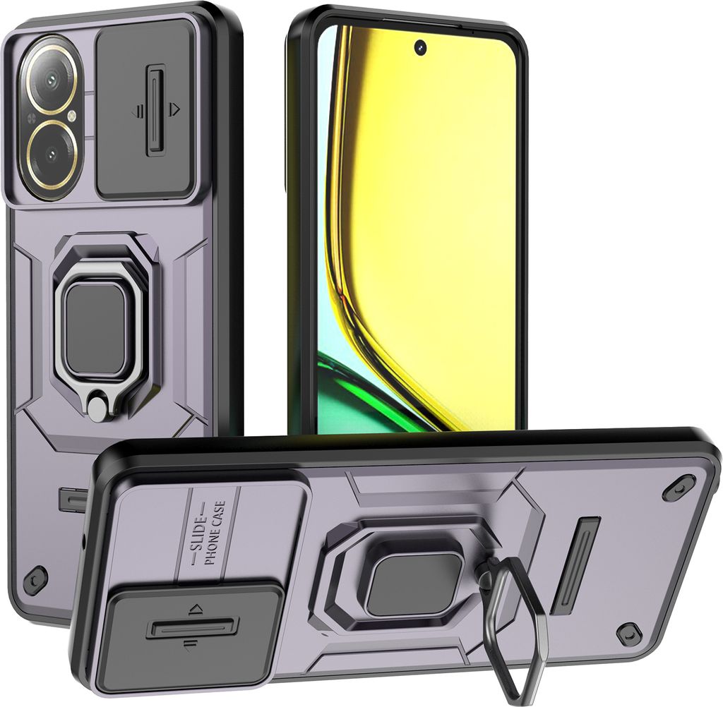 Hülle für Realme C67 4G Dual Layer Handyhülle Schiebe Kamera Schutz und Ringhalter Ständer Lila