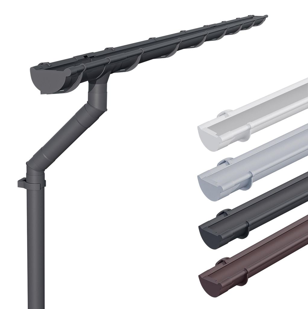 INEFA Dachrinnen Set NW100 / 100mm Kunststoff halbrund – Dachrinne 4m Länge Anthrazit 1 Dachseite – Regenrinne PVC für Gartenhaus Carport