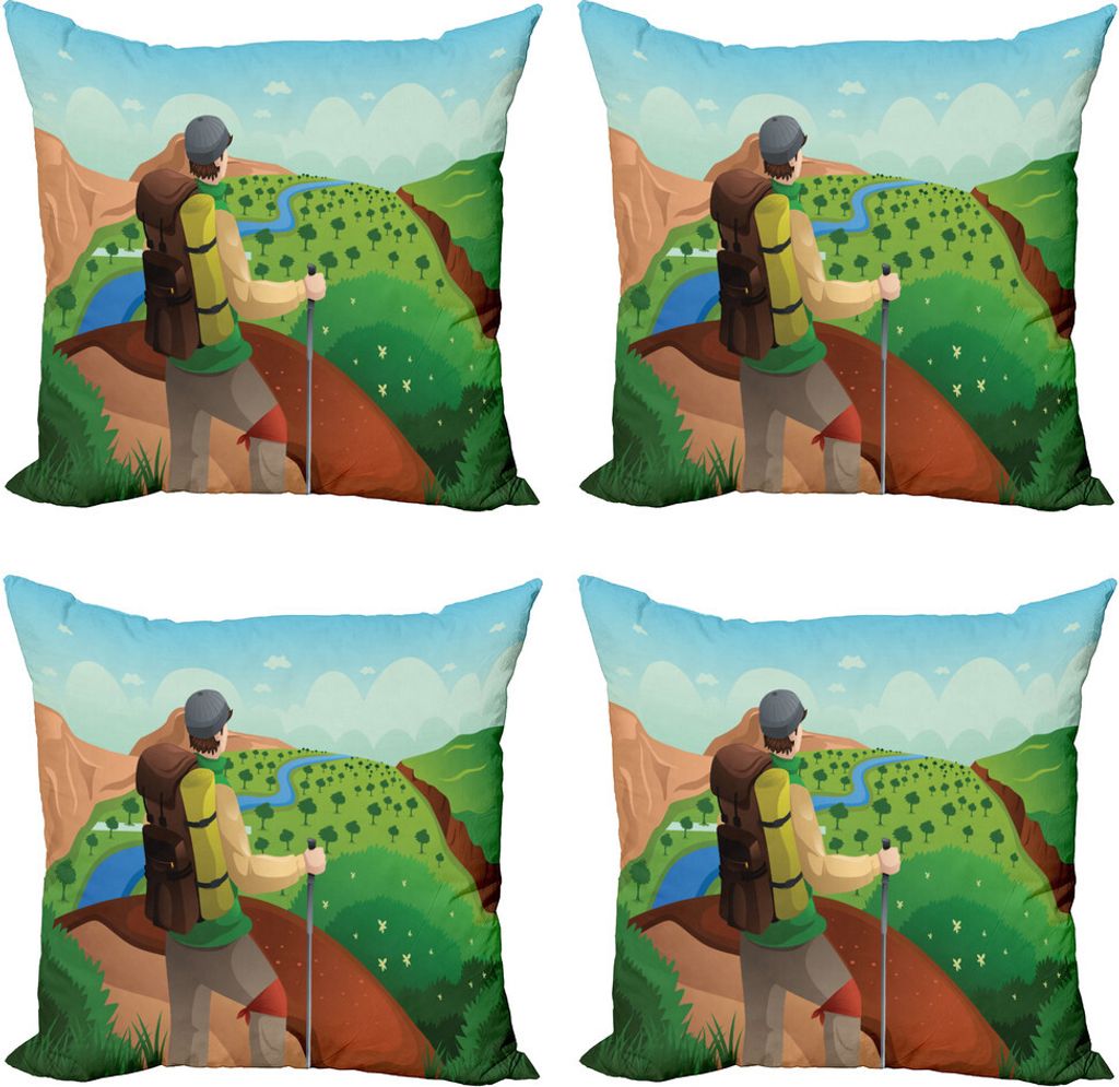 ABAKUHAUS Abenteuer Kissenbezug Set (4 Stück), Mann mit einem Rucksack-Wanderung, Moderner Doppelseitiger Digitaldruck, 45 cm x 45 cm, Mehrfarbig