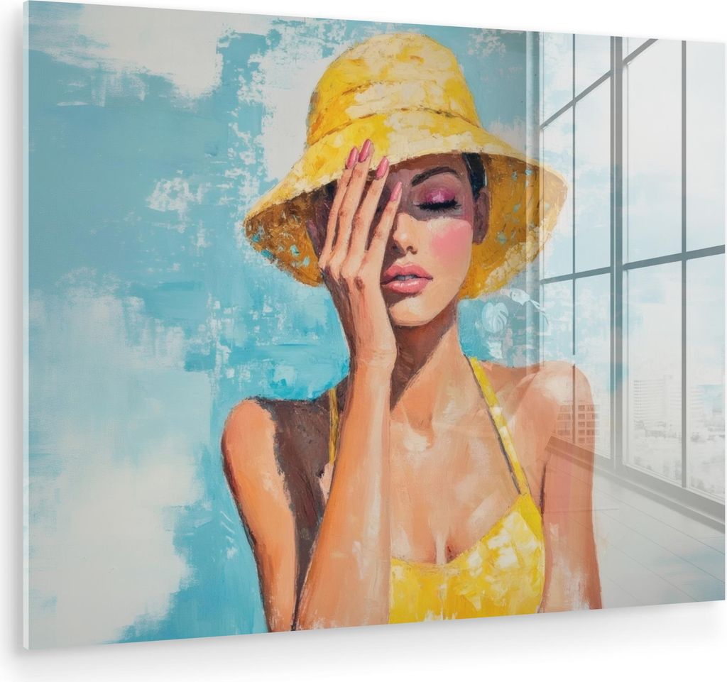 MuchoWow Glasbilder - Bilder auf Wandbild - Foto auf Glas Gemälde - Frau - Hut - Gelb 80x60 cm Wanddekoration aus Glas - Acrylglasbild - Acrylbild...