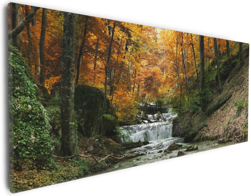 Wallario Premium Leinwandbild Kleiner Bach über Steine im Herbstwald in Größe 30 x 75 cm