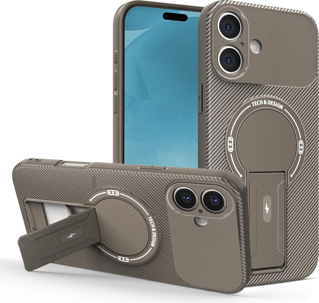Hülle für iPhone 17 Magnetisch Carbonfaser Design TPU Hybrid Handyhülle mit Ständer Braun