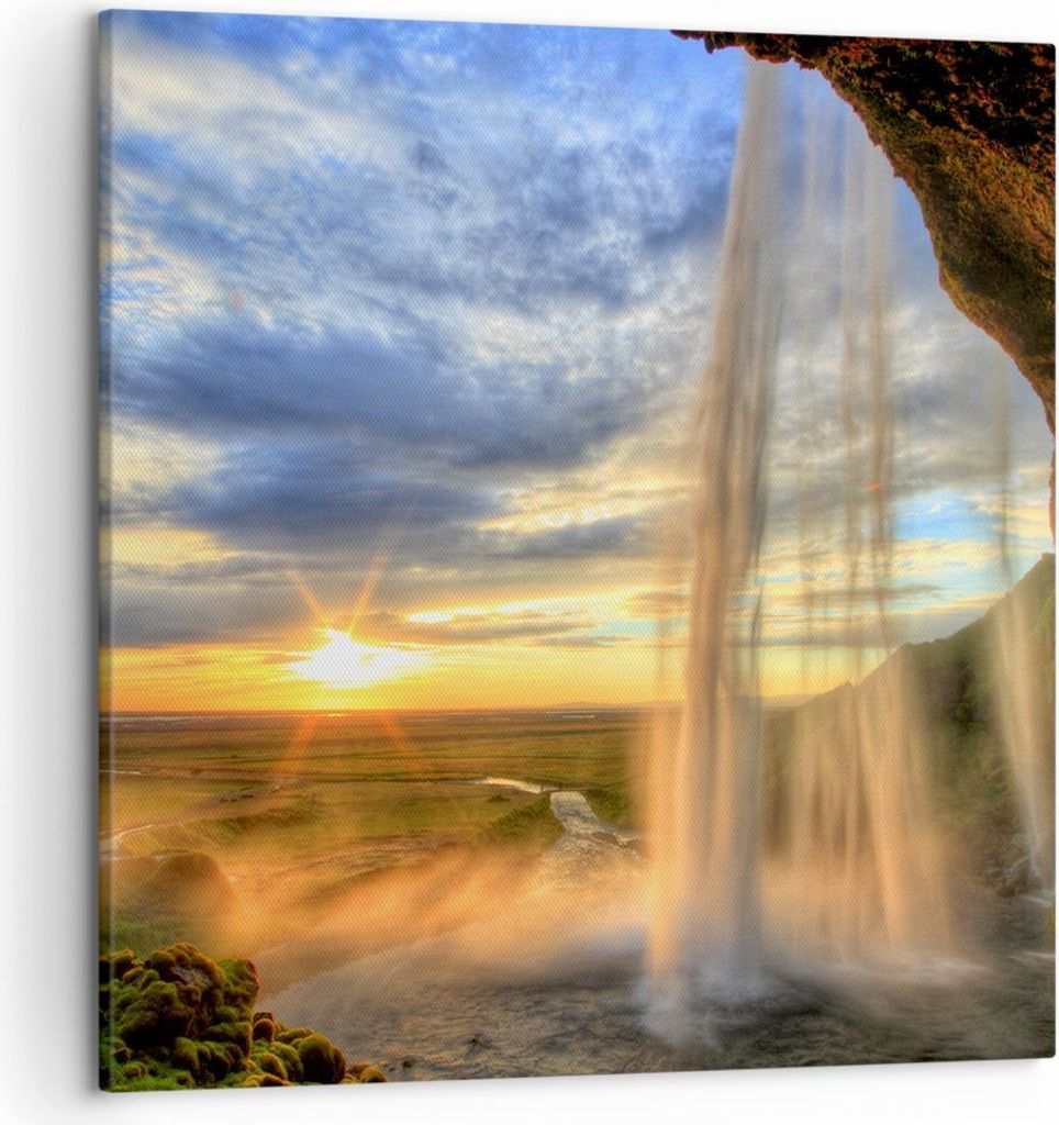 Bild auf Leinwand - Leinwandbild - Wasserfall Natur Park Sonne - 50x50cm - Wand Bild - Wanddeko - Leinwanddruck - Bilder - Kunstdruck - Wanddekorat...