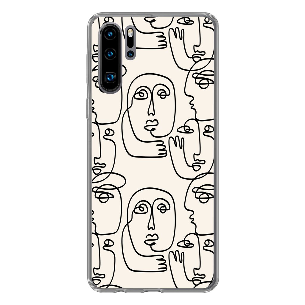 MuchoWow Handyhülle Schutzhülle Hülle für Huawei P30 Pro Gesicht - Muster - Strichzeichnung Silikon Softcase Handy Hülle - Schutzdeckel