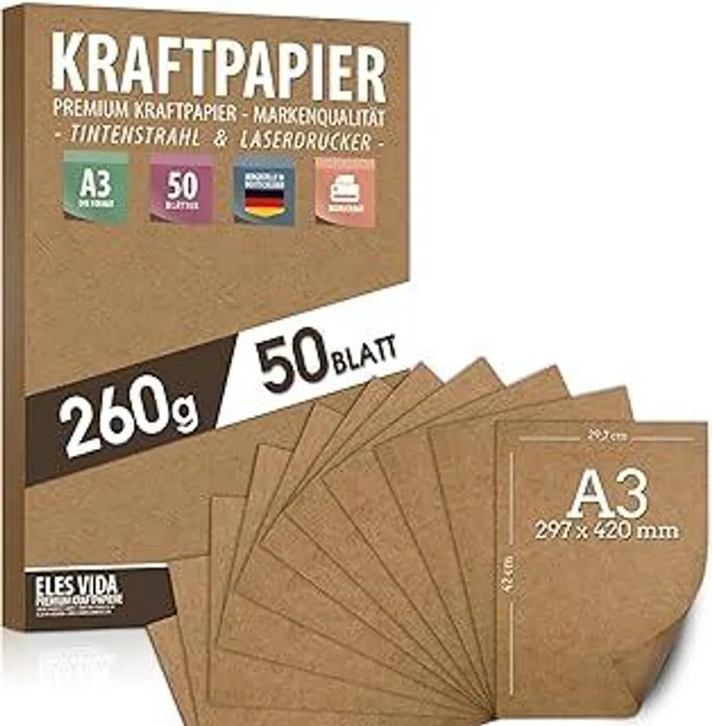 Carta Kraft Naturale A3 260g - 50 Fogli Riciclati per Etichette Eco