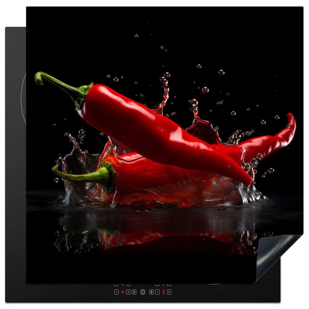 KitchenYeah Herdabdeckplatte Paprika - Rot - Schwarz - Wasser - Gemüse , 78x78cm, Küche Deko, Glaskeramikkochfeld Herdabdeckung, Abdeckplatte f...