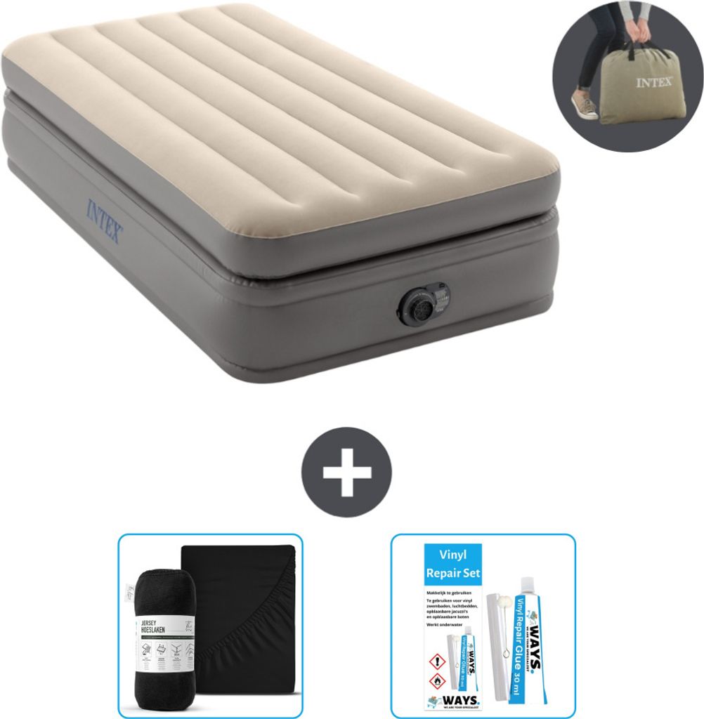 Intex Luftbett - 1 Person - 99 x 191 x 51 cm - Grau - Inklusive Pumpe - Spannbettuch en Reperaturset