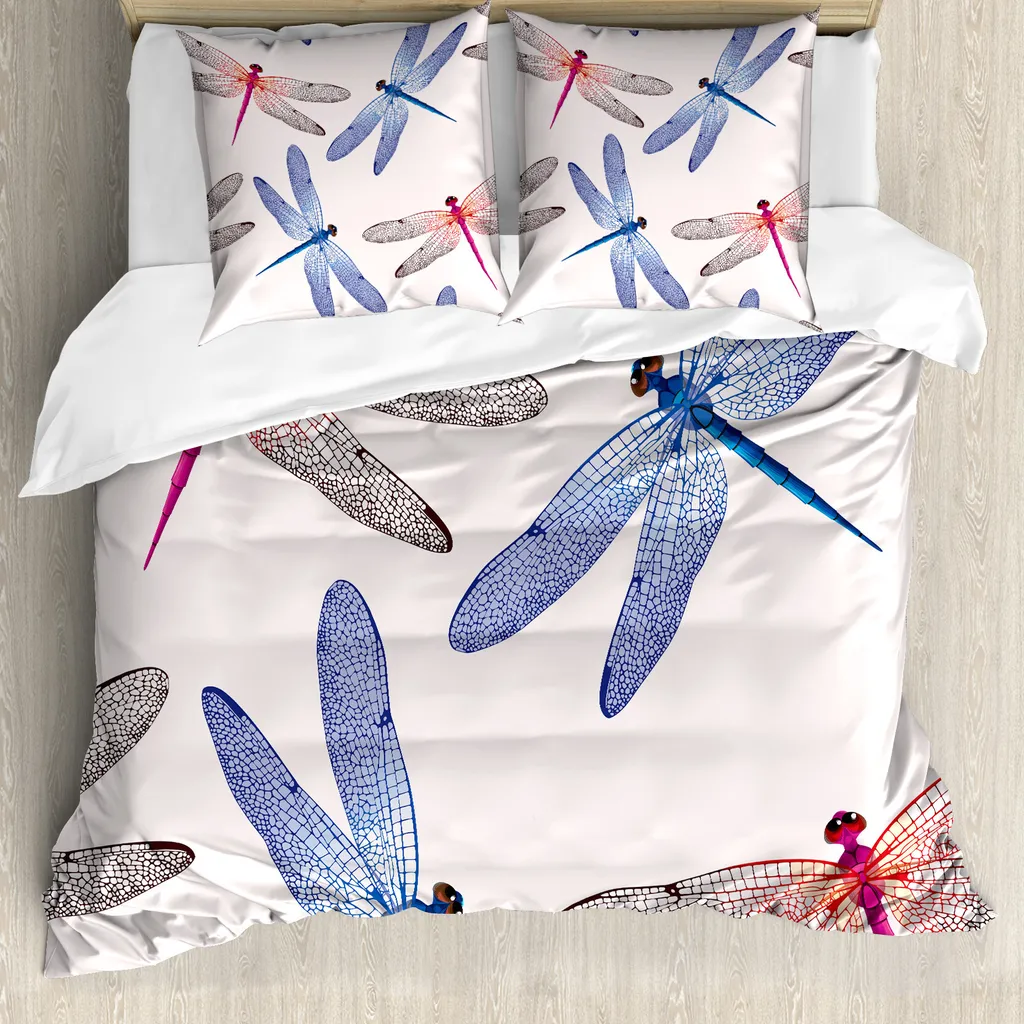 Set Letto Matrimoniale ABAKUHAUS Antiacaro Rosa Blu Libellula 3 Pezzi - 1