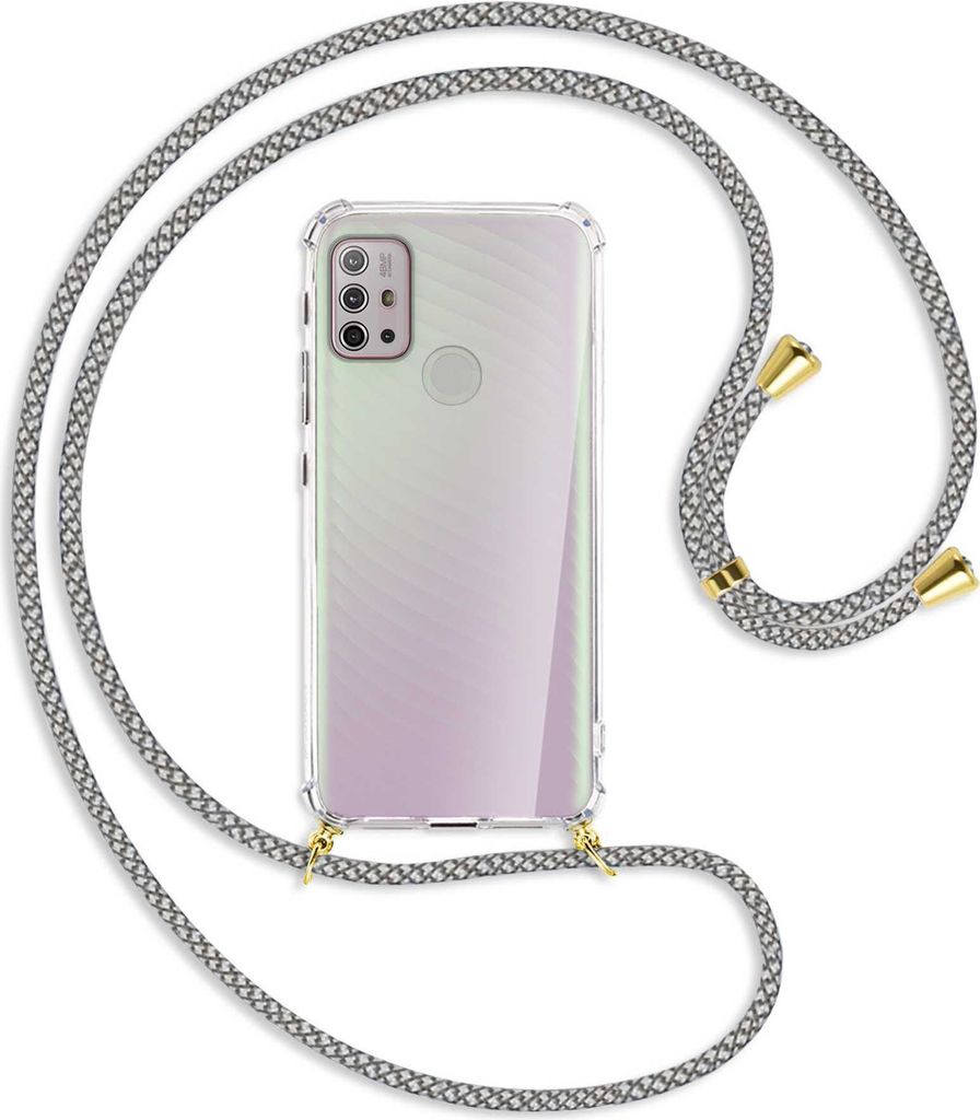 Handykette Backcover-Schutzhülle mit Band (Metall goldfarben) für Motorola Moto G10 (Power), G20, G30 - weiß/grau kariert