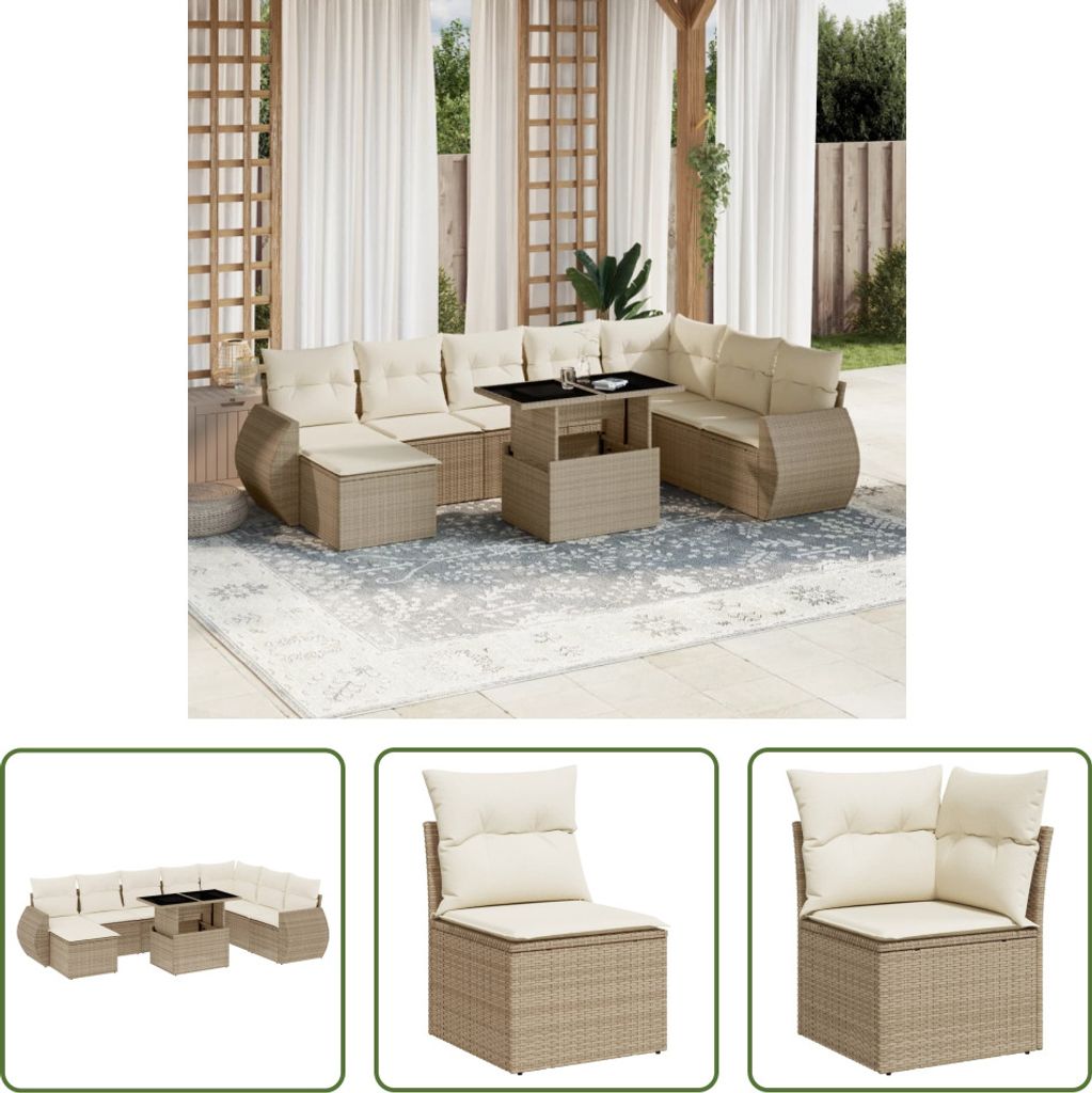 The Living Store 9-tlg. Garten-Sofagarnitur mit Kissen Beige Poly Rattan
