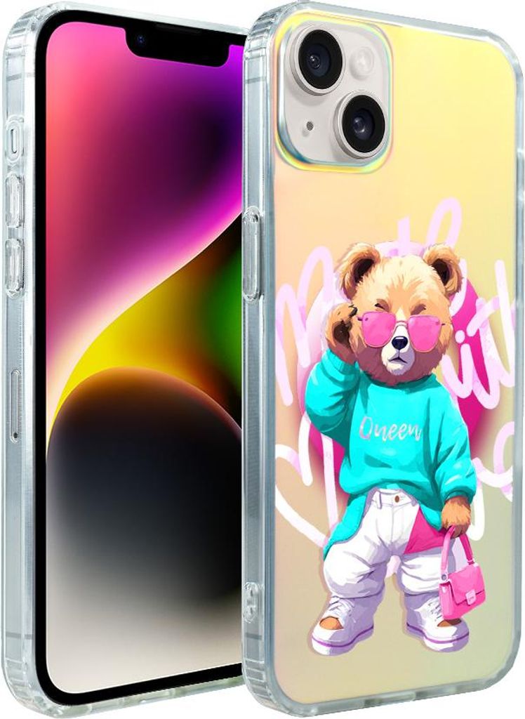 iPhone 14 IBIZU California Sunset Case mit MagSafe, Farbwechsel, Pink Queen, Stylischer Teddybär