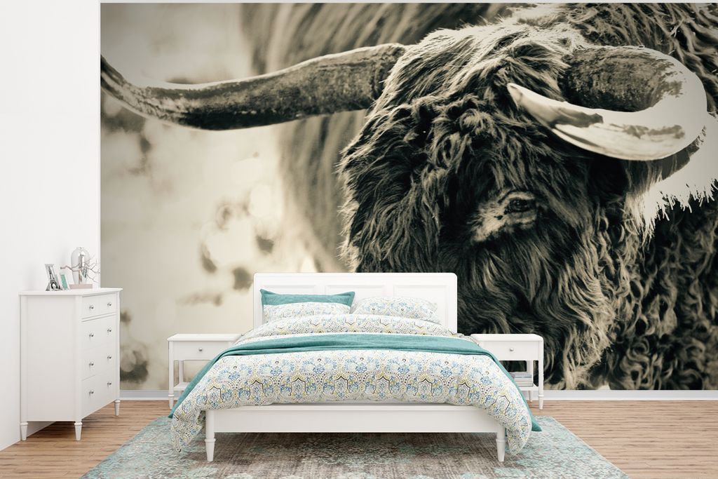 MuchoWow Fototapete für Wohnzimmer oder Schlafzimmer Wandtapete Vinyl Motivtapete Schottischer Highlander - Schnee - Hörner - 400x300 cm - Papi...