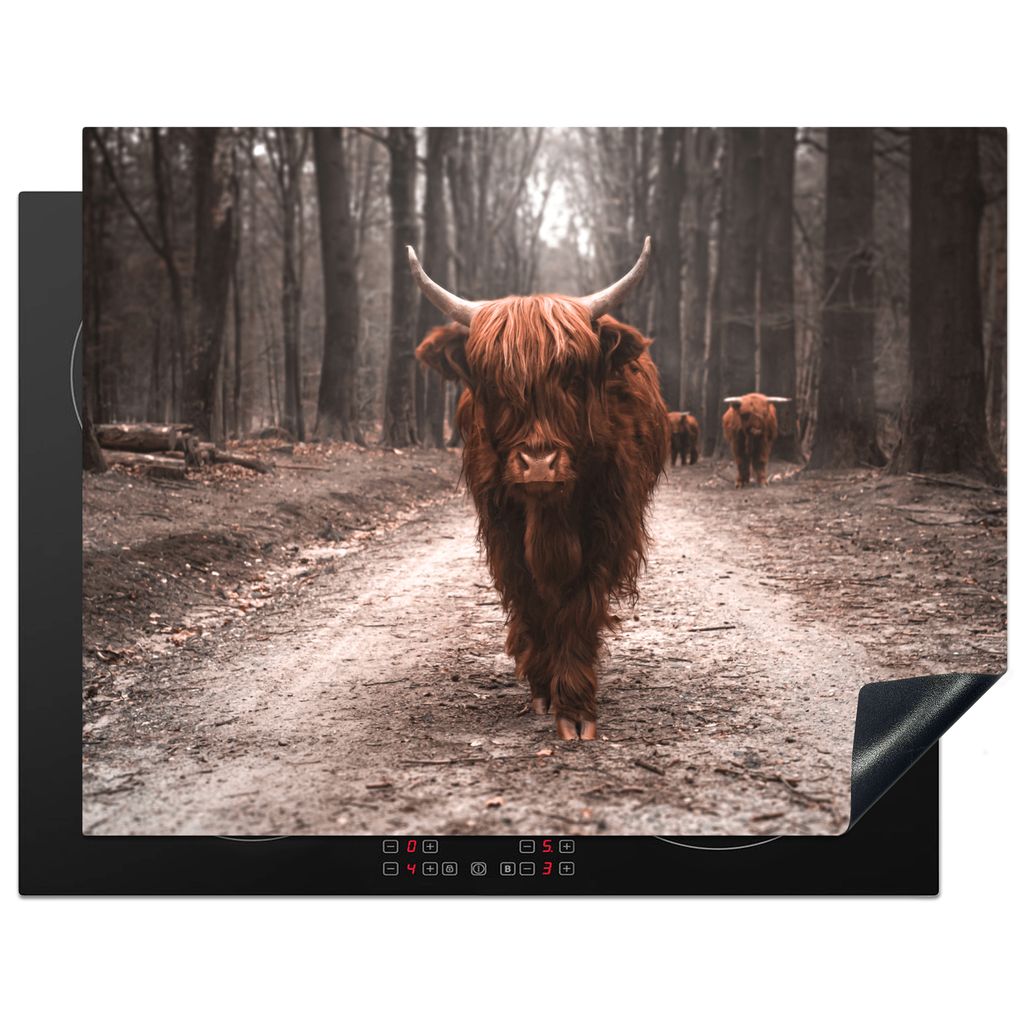 KitchenYeah Herdabdeckplatte Schottische Highlander - Tiere - Bäume , 77x59cm, Küche Deko, Glaskeramikkochfeld Herdabdeckung, Abdeckplatte fùr...