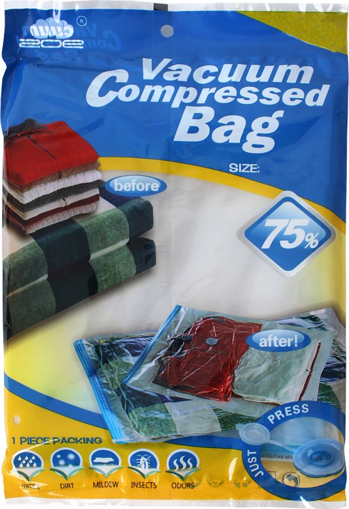 The image shows the packaging of vacuum compressed bags, with illustrations of folded clothes and towels before and after compression.