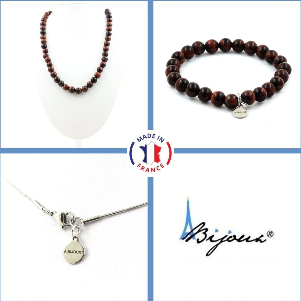 Schmuckset Armband Halskette Rote Tigerauge Perlen 8 mm Edelstahlkette