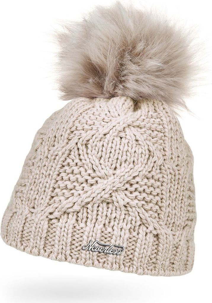 Warme Strickmütze Damen Wintermütze Zopfstrick Bommelmütze Zopfmuster gefüttert Fleecefutter mit Bommel Neverless beige unisize