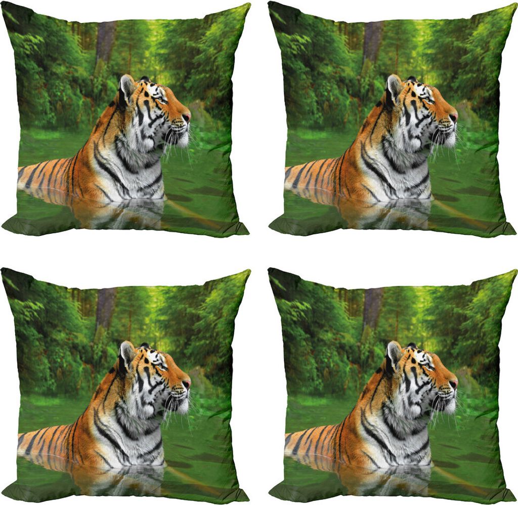 ABAKUHAUS Tiger Kissenbezug Set (4 Stück), Sibirische Wildkatze in Lake, Moderner Doppelseitiger Digitaldruck, 50 cm x 50 cm, Farn-Grün Hellbraun