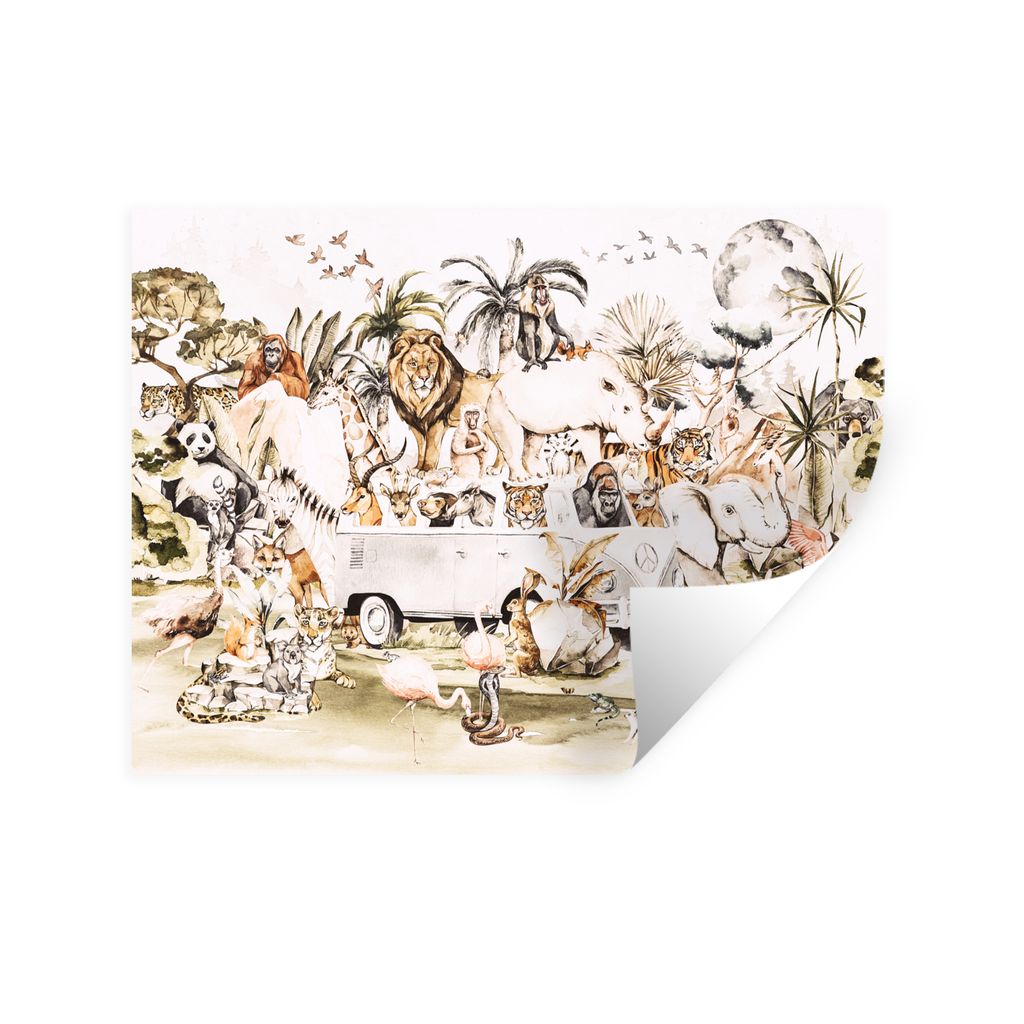 MuchoWow Wandtattoo Wandsticker Wandaufkleber Bus - Tiere - Kinder - Jungen - Mädchen - Palme 40x30 cm Selbstklebend und Repositionierbar - Falt...