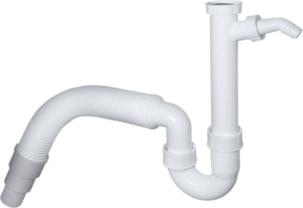 A white flexible drain pipe and siphon assembly against a white background.