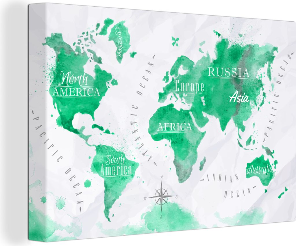 OneMillionCanvasses - Leinwandbilder - 140x90 cm, Weltkarte - Ölfarbe - Grün, Wandbilder Kunstdruck Wanddekoration