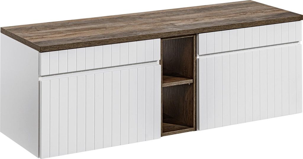 FURNLUX Waschbeckenschrank Ikonisch Weiss Und Eiche Antik 140cm / Hauptfarbe: Weiß / Abmessungen: 140 x 48 x 46 cm