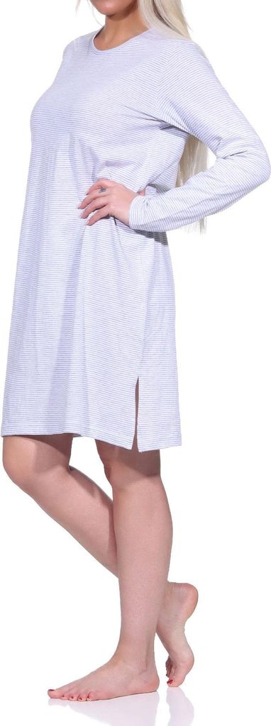 Damen Nachthemd Bigshirt langarm in Streifen - Ringel Optik ; grau-melange , 36/38