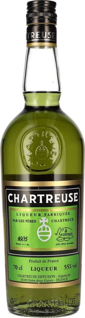A bottle of Chartreuse liqueur.