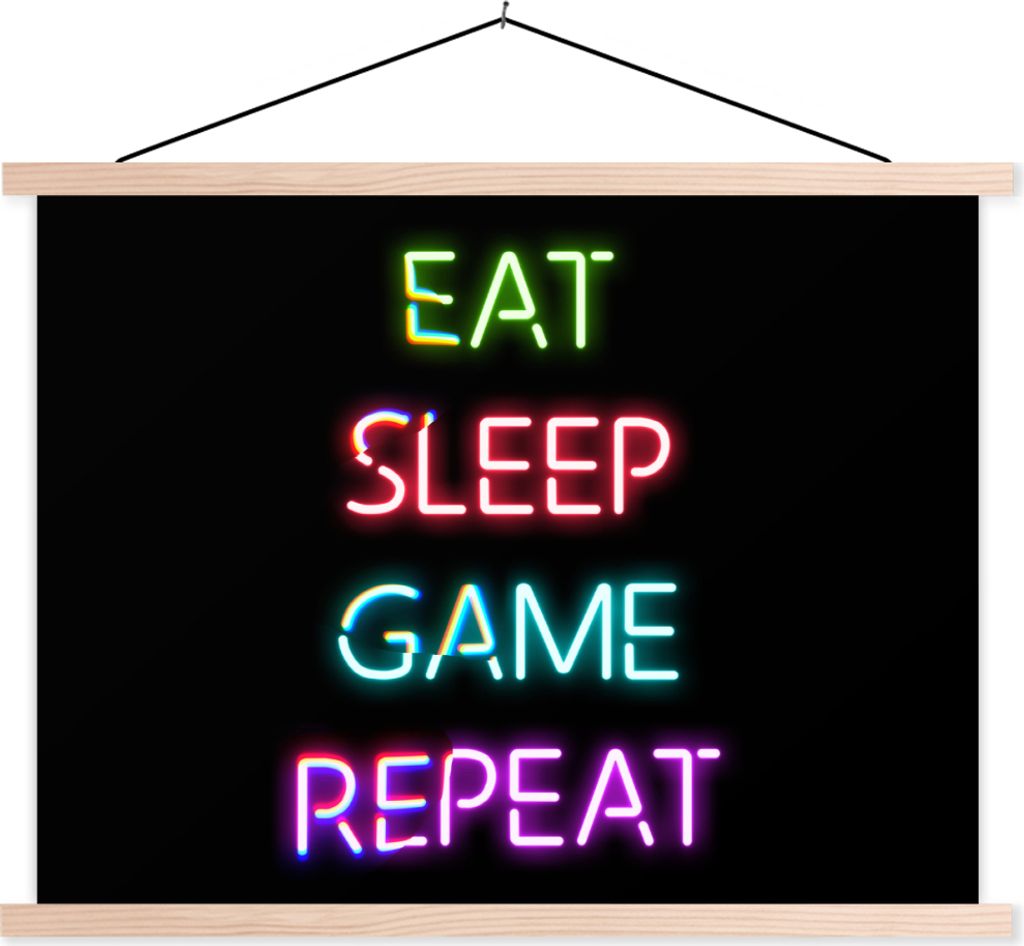 MuchoWow Textilposter Gaming - Led - Zitat - Eat sleep game repeat - Gaming 60x45 cm mit holzfarbenen Rahmen - Bild